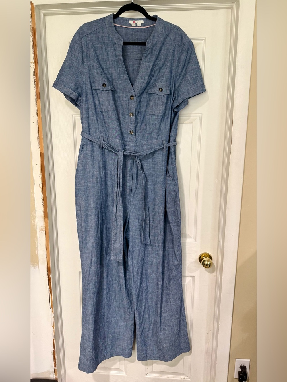 Boden Blue Short-Sleeve Cotton Chambray Utility Jumpsuit